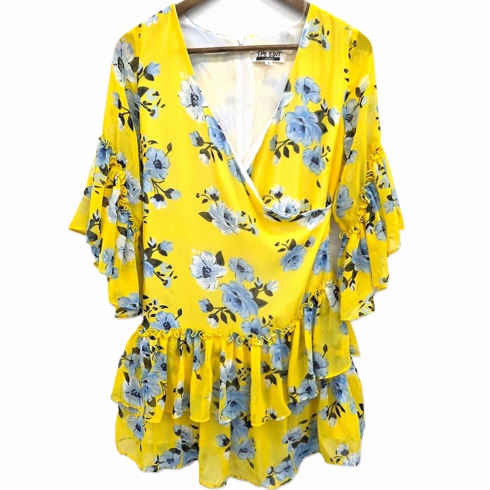 Womens S Yellow Blue Floral Ruffle Tiered Bell Sleeve V-Neck Lined Boho Dress‎